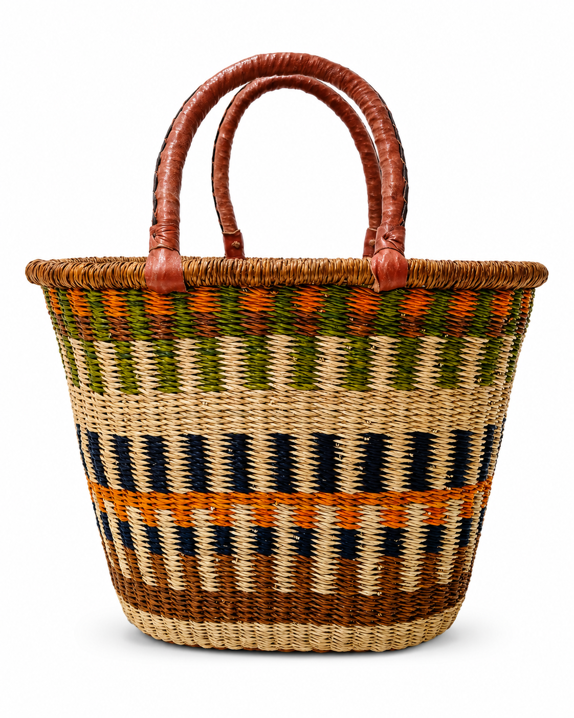 Handwoven African Oval Bolga Basket with Leather Handles