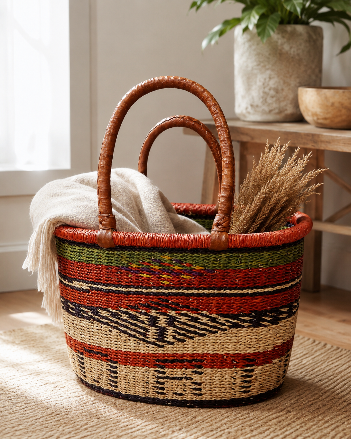 Handwoven African Oval Bolga Basket with Leather Handles