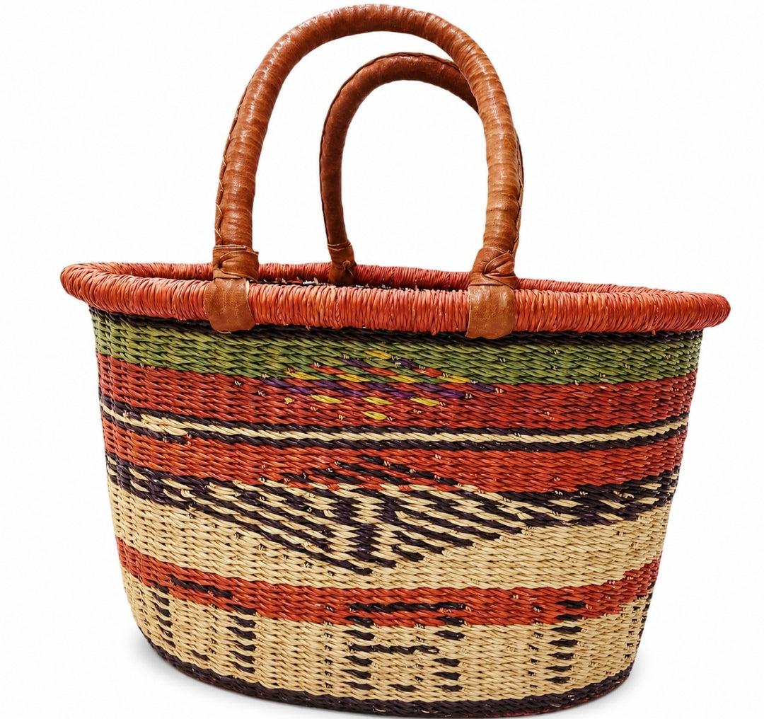 Handwoven African Oval Bolga Basket with Leather Handles