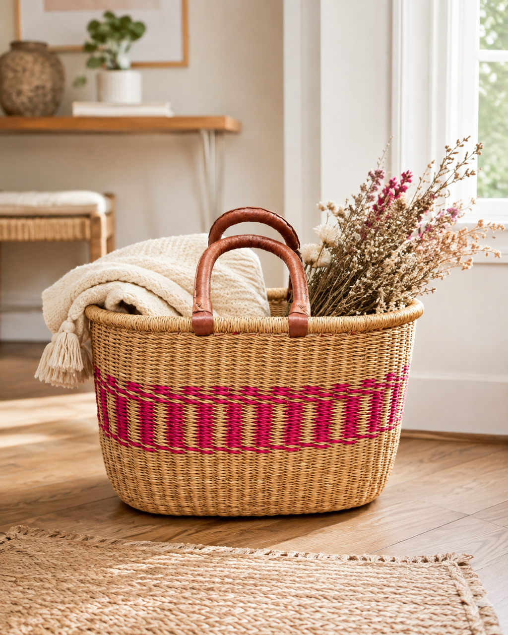 Handwoven African Oval Bolga Basket with Leather Handles