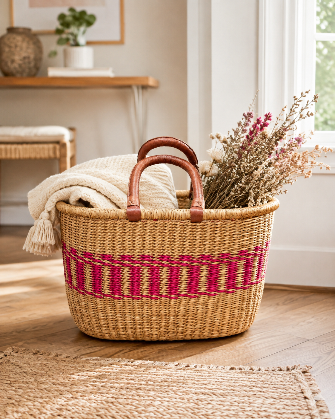 Handwoven African Oval Bolga Basket with Leather Handles
