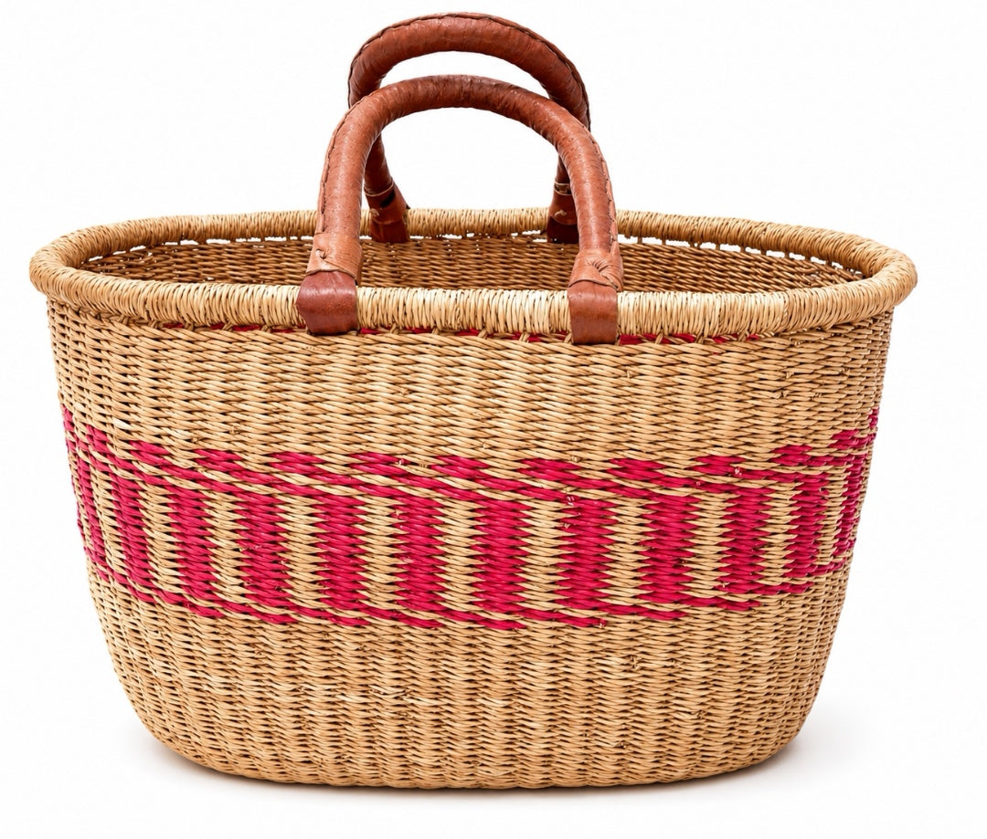 Handwoven African Oval Bolga Basket with Leather Handles