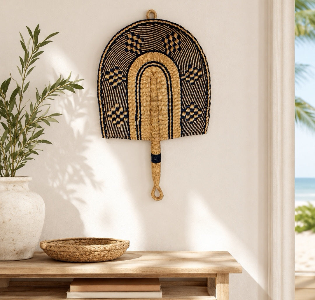 Large Handmade Bolga Fan - Colourful Woven Wall Decor & Hand Fan